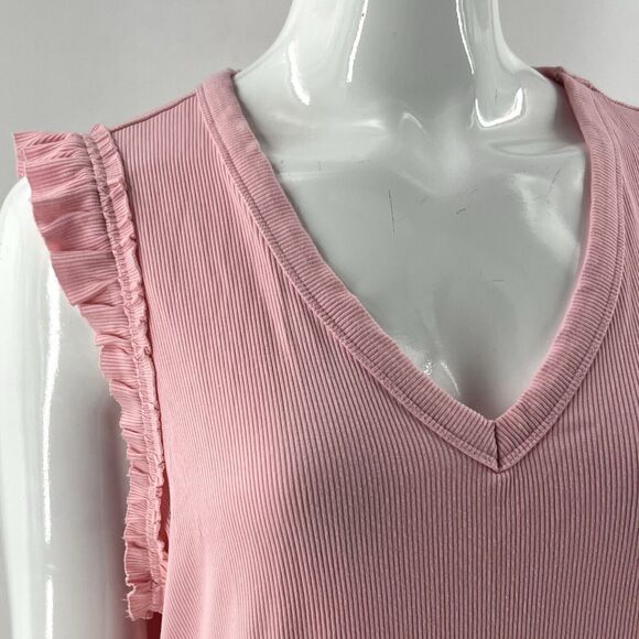 Nine West Tank Top Size XL Candy Pink Ruffle Sleeve Ribbed Stretch V Neck Womens - Picture 2 of 5